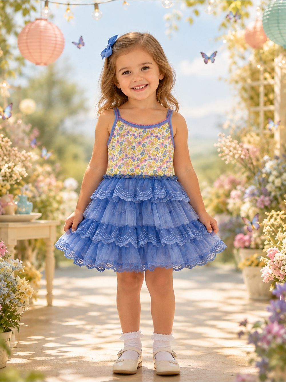 Matilda Jane Girls Size 4 Floral Blue Tiered Lace Tulle Dress EUC